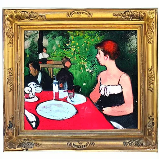 Image similar to vintage paris cafe, klingon sitting at outdoor table, oil painting, expressionism, degas.