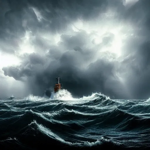 Prompt: a ship sinking in a raging storm, dark mood, amazing lighting, highly detailed