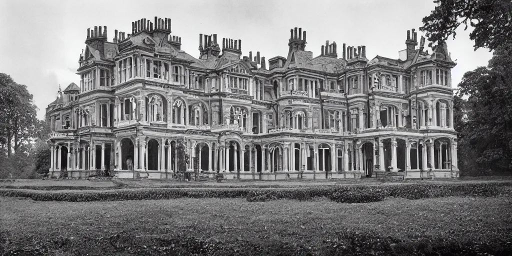 Image similar to a photograph of a late Victorian mansion designed by Joseph Paxton, view from ground level