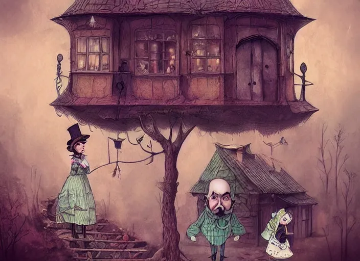 Image similar to 👵🏻👗👔🎩👴🏼, lowbrow, matte painting, in the style of alexander jansson,