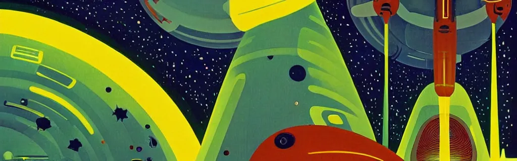 Image similar to 7 0 s sci - fi space station interior, retrofuturism, gouache, trees, animated film, stylised, illustration, by eyvind earle, scott wills, genndy tartakovski