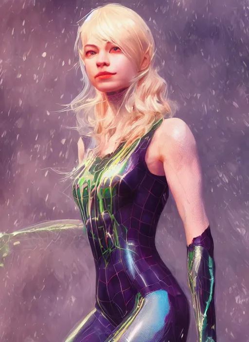 Image similar to gwen stacy spiderman, naturel, hyper detailed, digital art, trending in artstation, cinematic lighting, studio quality, smooth render, unreal engine 5 rendered, octane rendered, art style by klimt and nixeu and ian sprigger and wlop and krenz cushart