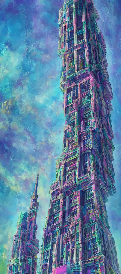 Prompt: nonsensical beautiful majestic tower, tall concept tower, beautiful painting by ricardo bofill and pedar balke, beautiful cinematic view, vibrant neon pastel