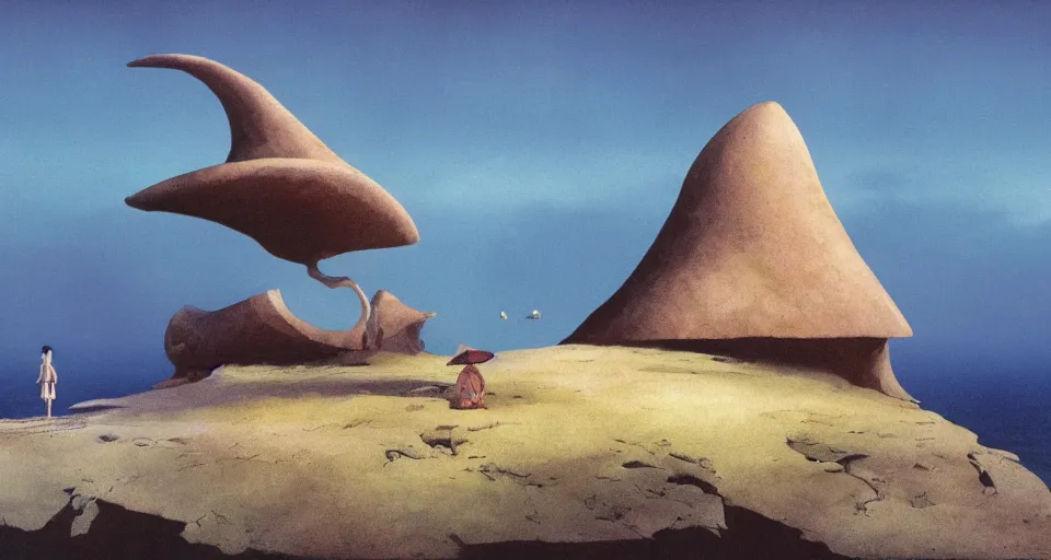 Image similar to a deserted island, giant seashell stands in the middle, surrounded by coral, a girl standing below, concept art by roger dean and john harris, atmospheric