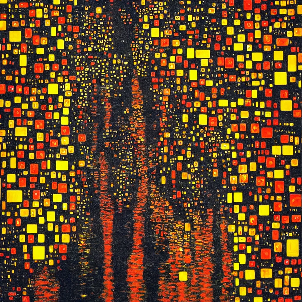 Prompt: Neon Tokyo streets at night in the rain in the style of Gustav Klimt