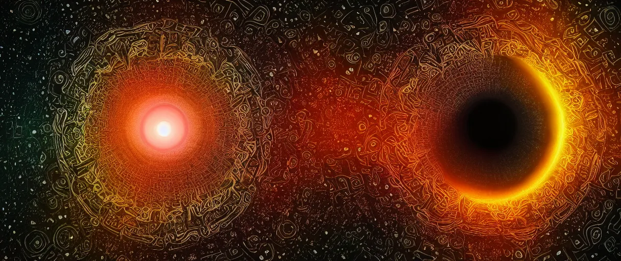 Image similar to realistic photo of a black hole in space, mandala art, volumetric, particles, physical, translucence, cinematic lighting, iridescence