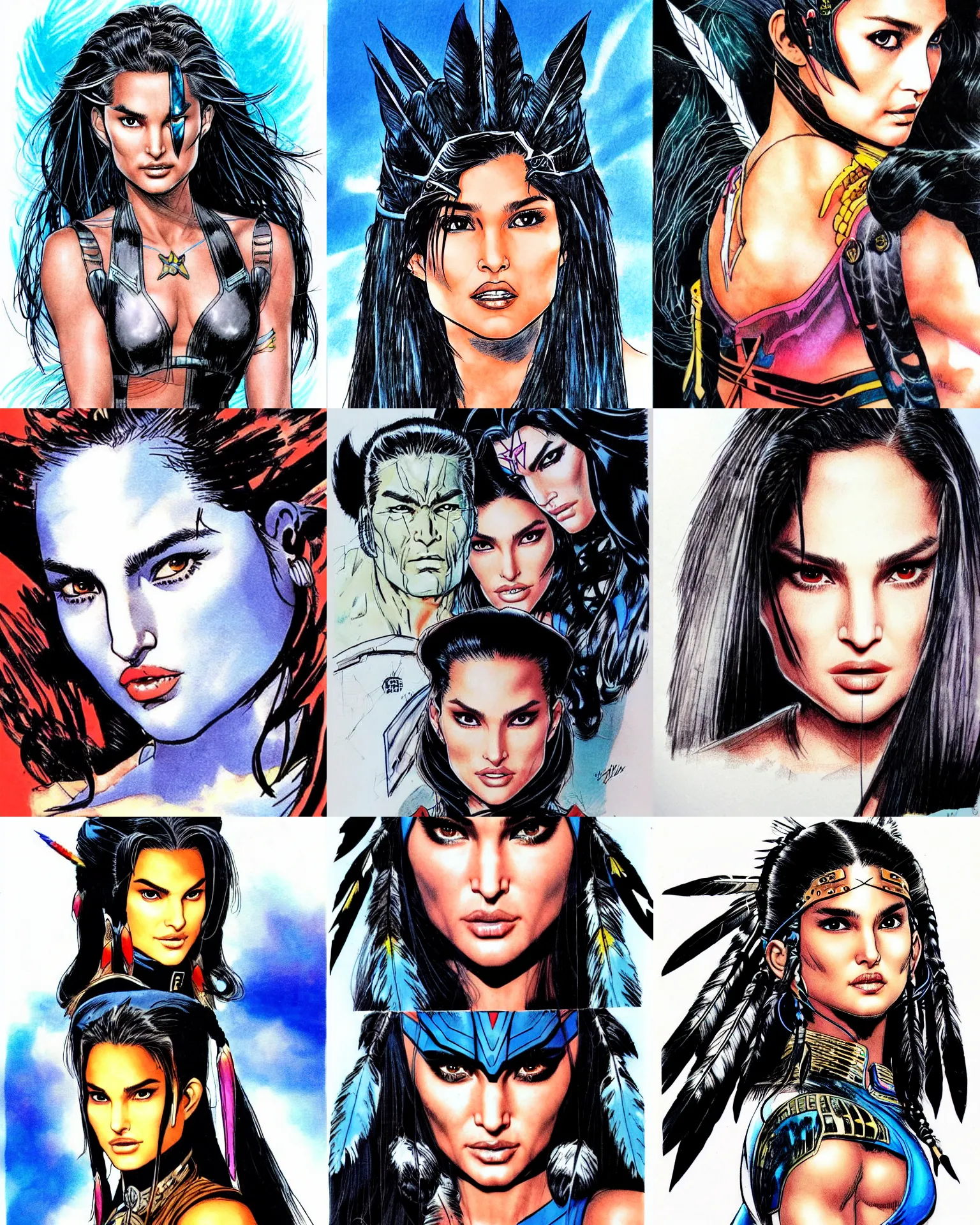 Prompt: jim lee!!! ink colorised airbrushed gouache sketch by jim lee close up headshot of native indian chinese natalie portman!! cindy crawford with black long hair in the style of jim lee, x - men superhero comic book character by jim lee