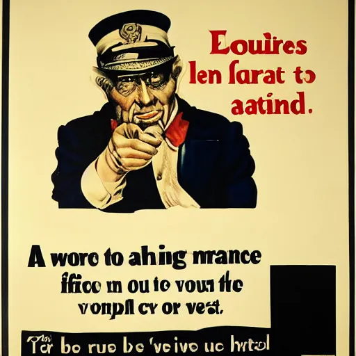 Prompt: a wartime poster of a man warning you to be careful