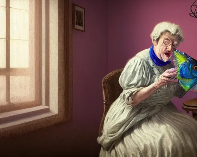 Prompt: an innocent and beautiful scene in hyper realistic style, about an old and lonely woman painting a huge colorful fish on the wall, lighting from the barred window. shadows. victorian dress. 4 k. wide angle. wild. red mouth, blue eyes. deep focus, lovely scene. ambient occlusion render. unreal engine.