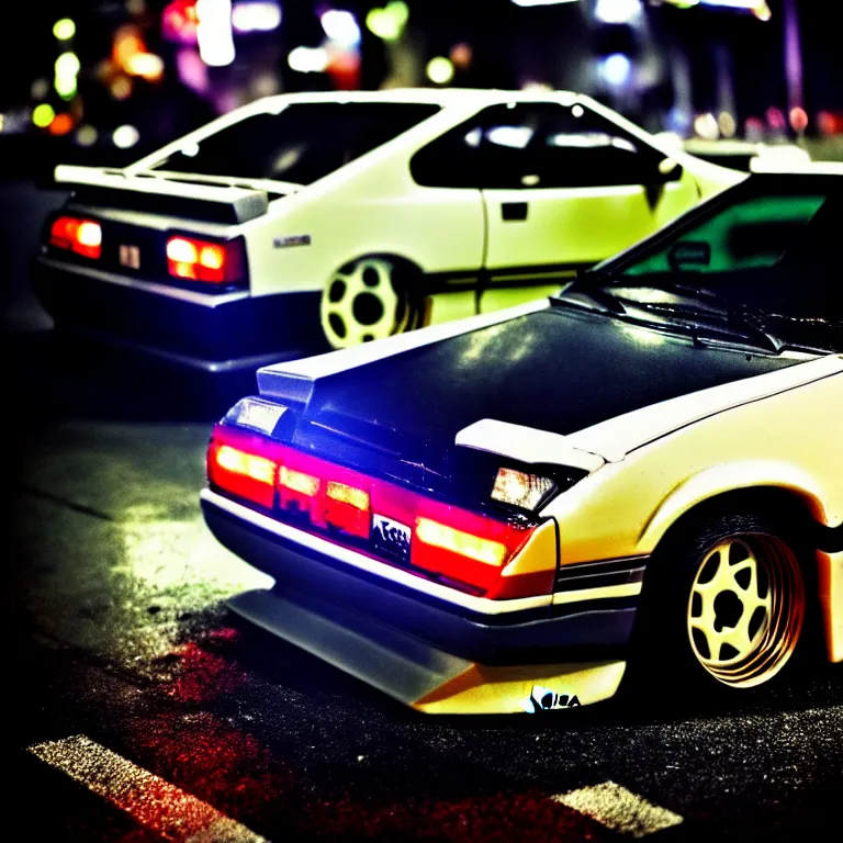 Image similar to close-up-photo Toyota Celica turbo illegal street meet, detailed-wheels, Shibuya Shibuya, cinematic colors, photorealistic, highly detailed, night photography