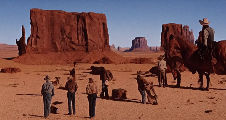 Image similar to film still showing cowboys looking at a gigantic abstract sculpture in the desert directed by Sergio Leone, western, monument valley, cinemascope, technicolor