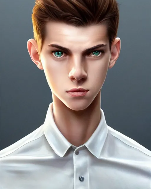 Prompt: portrait of 1 5 - year - old boy, a tall, slender boy with a pale, pointed face, sleek blond hair, and ice grey eyes, wearing in shirt, hyper realistic face, beautiful eyes, character art, art by mark brooks, art by artgerm and greg rutkowski trending on artstation, digital art
