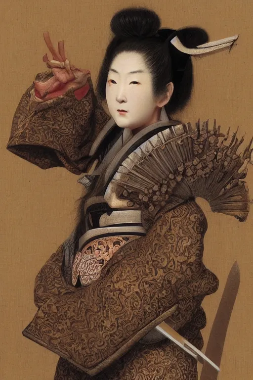 Image similar to Baroque painting of a female Japanese Samurai, inspired by Gustav Moreau and Wayne Barlowe, exquisite detail, hyper realism, ornate, exquisite detail, cute face