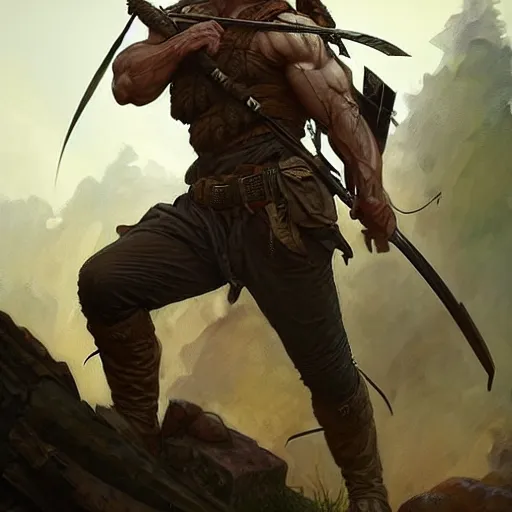 Prompt: Rugged male ranger in battle, D&D, muscular, full body, fantasy, intricate, elegant, highly detailed, digital painting, artstation, concept art, smooth, sharp focus, illustration, art by artgerm and greg rutkowski and alphonse mucha