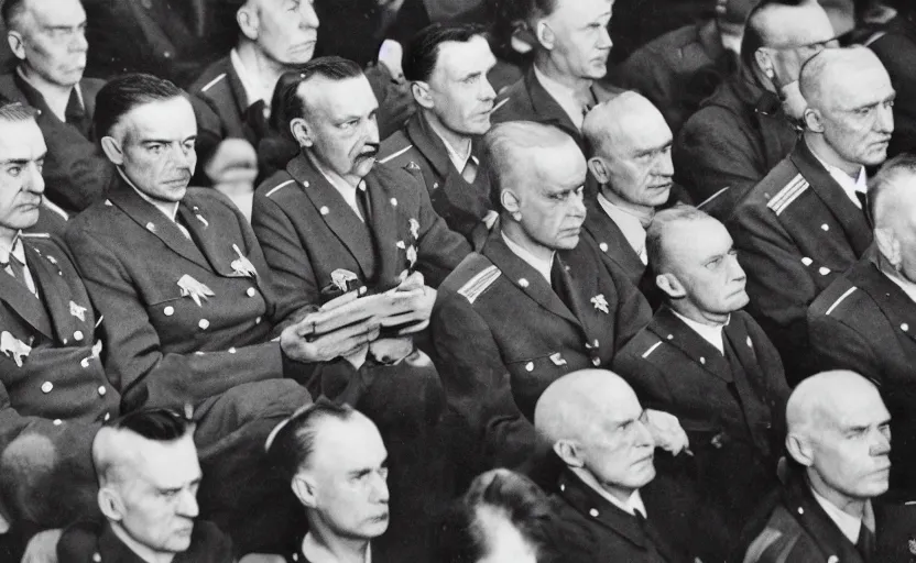 Image similar to 50s movie still of very diverse soviet generals head with very detailed faces in a stalinist parlement, by Alexei Guerman, Cinestill 800t 35mm black and white, heavy grainy picture, very detailed, high quality, 4k, HD criterion, precise texture, face diversity, haircut diversity, age diversity