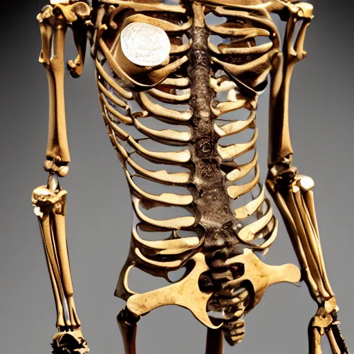 Prompt: female torso and head in curved position with visible gems inlaid in skin with anatomic description, antique style, skeleton, gems, cameo, gold, 8k, details, studio lighting, realism, complex lights