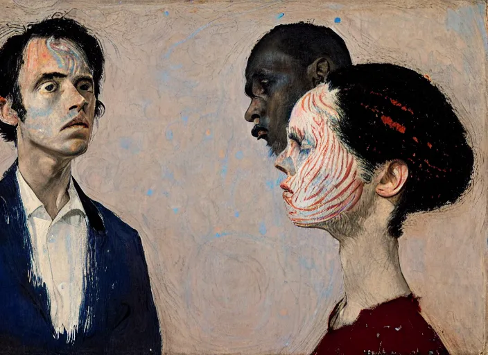 Image similar to portrait of two young nervous violin players getting ready to perform, half figure front, vincent lefevre and pat steir and hilma af klint, psychological, photorealistic, symmetrical faces, intriguing eyes, dripping paint, washy brush, rendered in octane, altermodern, masterpiece