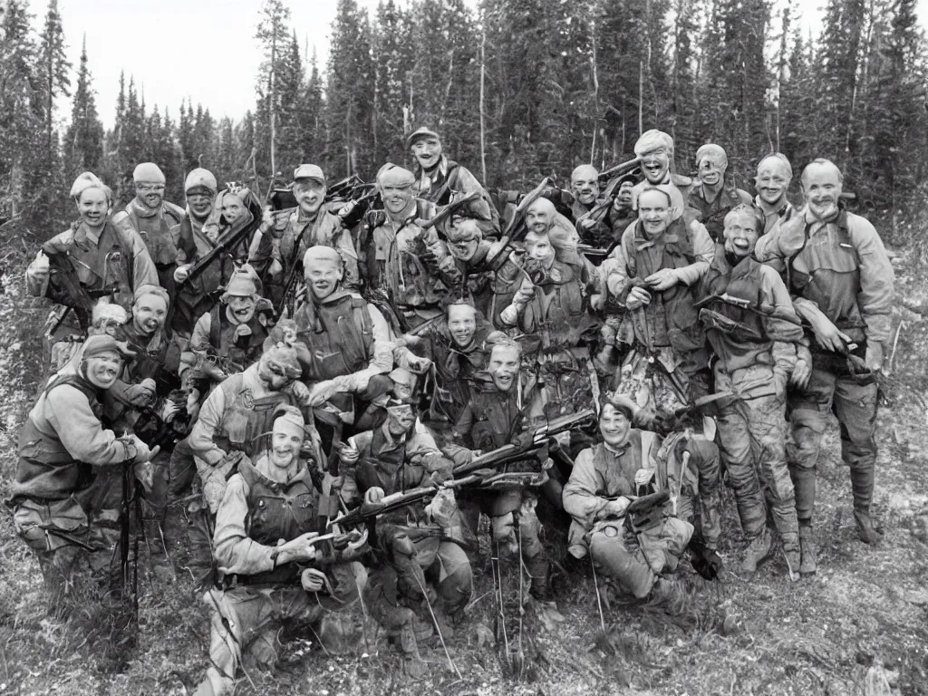 Image similar to happy group of finnish men with rifles preparing for a moose hunt and smiling to the camera, 1 9 6 6, home album pocket camera photo, detailed facial features, hyper realistic