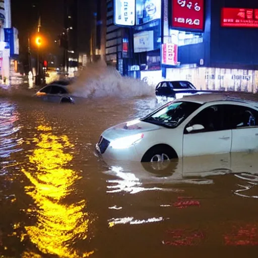 Image similar to seoul city is flooded by heavy rain. A guy with suit is sitting on the top of the A car is middle of the street flooded.