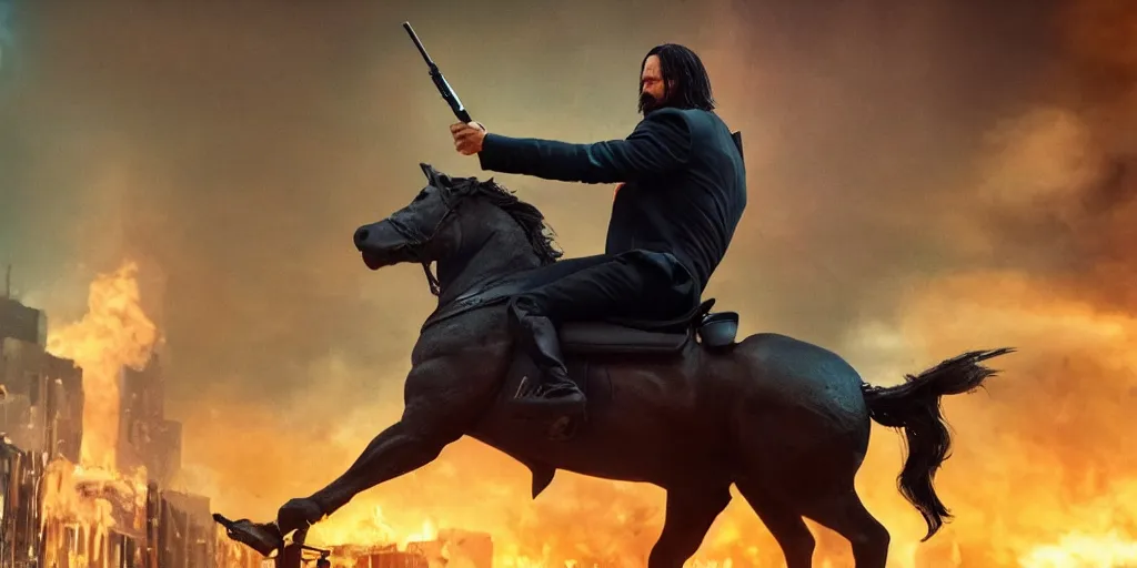 Image similar to Keanu Reaves riding a unicorn, over the shoulder shot, still from John Wick 3, shooting a weapon at a statue of Luigi, IMAX style, digital art, Movie Poster, DreamWorks 8K RED