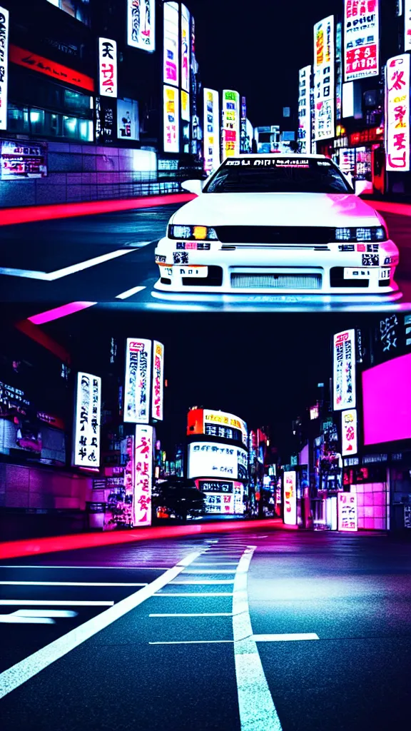 Image similar to a car drift spec JZX100 in middle of road, shibuya prefecture, city midnight neon lights, cinematic color, photorealistic, highly detailed