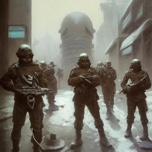 Image similar to portrait of futuristic soldiers squad on the art deco streets of the undying empire city of ya - sattra during the festival of masks, snow, winter, award - winning realistic sci - fi concept art by beksinski, bruegel, greg rutkowski, alphonse mucha, and yoshitaka amano