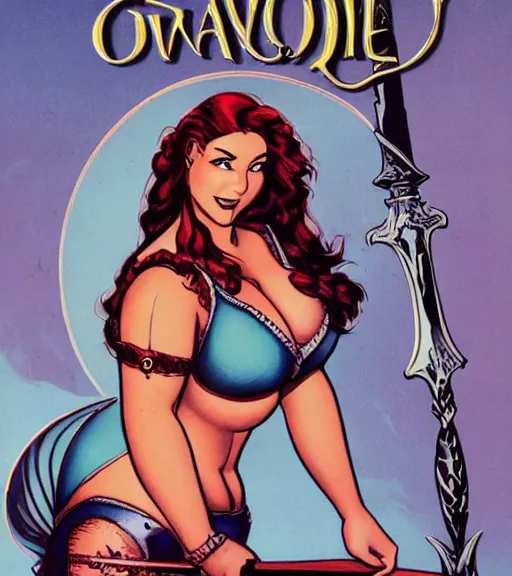 Image similar to 1 9 8 0 s fantasy novel book cover, bbw plus size amazonian ariel winter in extremely tight bikini armor wielding a cartoonishly large sword, exaggerated body features, dark and smoky background, low quality print