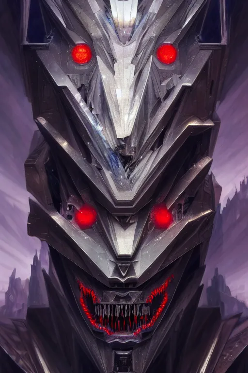 Image similar to dreamland of chinese, ghost, sharp, slender and densely arranged teeth, dystopian, cyberpunk, nanotech demonic monster horror, mecha, halfturn portrait of a big crystal face made of crystals half - turn, ominous, intricate, studio, art by anthony macbain + greg rutkowski + alphonse mucha, concept art, 4 k, sharp focus