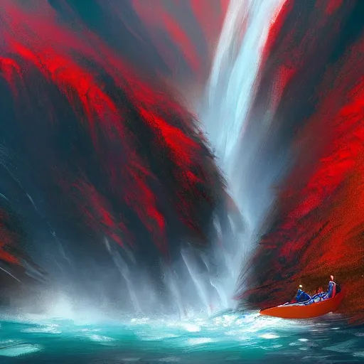 Image similar to a waterfall of blood falls from the top of the mountain, the demons sail along it in canoes, vivid color, highly detailed, mistic atmosphera, digital painting, artstation, concept art, matte, sharp focus, manga style,