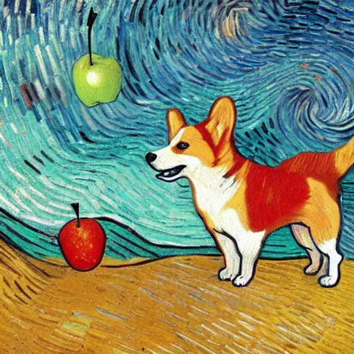 Image similar to corgi with an apple on its head, 4 k, by van gogh, realistic, high detail, concept art