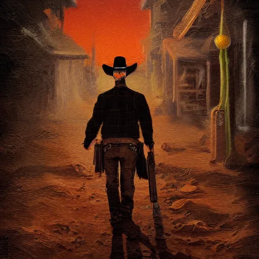 Prompt: A detailed digital art painting of a man in the wild west, weird west, award, dark scenery, spaghetti western