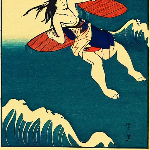 Image similar to girl surfing, woodblock print, style of hokusai, fine art, style of kanagawa, painting