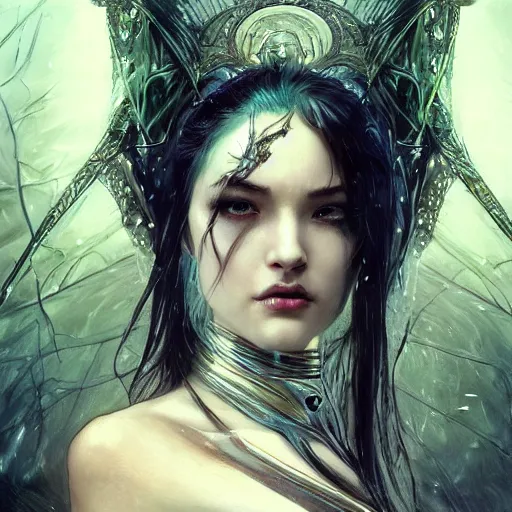 Image similar to breathtaking epic fantasy comic book style portrait of a sensual female sorceress, castle setting, horror movie lightning, intricate, elegant, highly detailed, digital painting, artstation, concept art, matte, sharp focus, illustration, art by Artgerm and Hsiao-Ron Cheng and Alphonse Mucha, extremely moody lighting, hyperrealistic, octane render, RPG portrait, ambient light, dynamic lighting