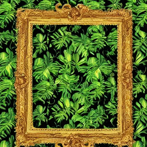 Image similar to fancy broken gold baroque frame in middle of green jungle vegetation