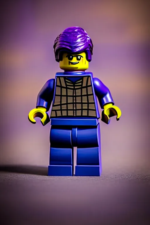 Image similar to closeup studio photograph of a thanos lego mini figurine, depth of field, 5 0 mm, 8 k, soft vignette