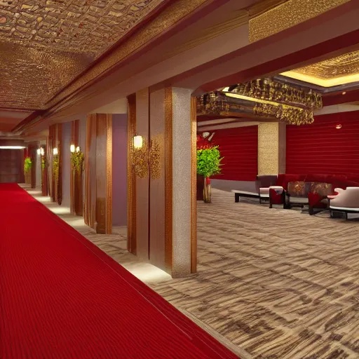 Image similar to isometric view of a lavish hotel lobby, full of cherrywood and red carpet and golden accents on the walls, high quality, digital art, room design