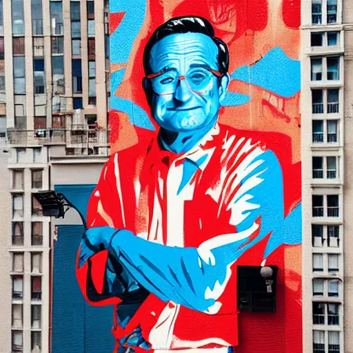 Prompt: robin williams street art mural by sachin teng x supreme : 1 high contrast, hard edges, matte painting, geometric shapes, marijuana, masterpiece : 1