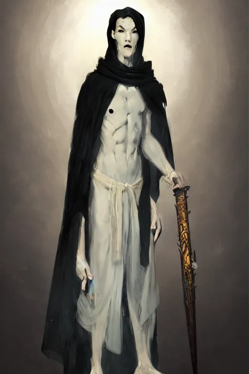 Image similar to fantasy painting of a pale man dressed in robes with a black blade, painted by Bayard Wu, ultra detailed, 8k