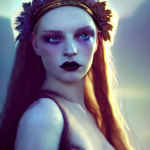 Image similar to photographic portrait of a stunningly beautiful female renaissance germanic goth pagan, in soft dreamy light at sunset, god rays, contemporary fashion shoot, by edward robert hughes, annie leibovitz and steve mccurry, david lazar, jimmy nelsson, breathtaking, 8 k resolution, extremely detailed, establishing shot, artistic, hyperrealistic, perfect face, octane render