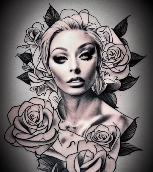 Image similar to double exposure tattoo design sketch of isabelledeltore with beautiful roses, realism tattoo, in the style of matteo pasqualin, amazing detail, sharp