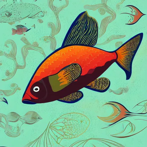 Prompt: one stylized fish with saturated colors in the very desaturated ocean viewed in profile, seaweed, background with complex patterns, sparkles, artstation, intricate, realistic, highly detailed, digital painting, concept art, sharp focus, illustration by tom whalen and charles williams and kilian eng and james jean