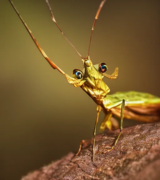 Image similar to super macro photo of a golden mantis on a flower in a forest. dof. bokeh. magical atmosphere. art by greg rutkowski. lifelike. very detailed 8 k. intricate. soft light. nikon d 8 5 0.