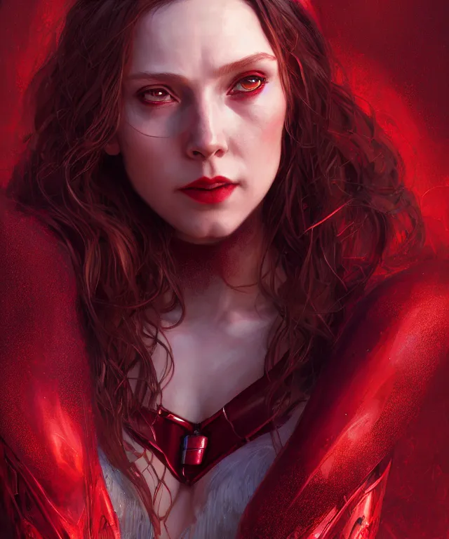 Image similar to Scarlet Witch, portrait, full body, hyper detailed, digital art, trending in artstation, cinematic lighting, studio quality, smooth render, unreal engine 5 rendered, octane rendered, art style by klimt and nixeu and ian sprigger and wlop and krenz cushart