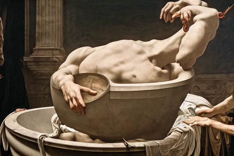 Prompt: hyperrealism aesthetic ridley scott and caravaggio style photography of detailed giant siting on a detailed ultra huge toilet bowl in surreal scene from detailed art house movie in style of denis villeneuve and wes anderson