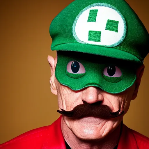 Prompt: a photo of bryan cranston dressed as luigi from game, ultra hd, iphone, 3 0 mm, global illumination, bokeh photo