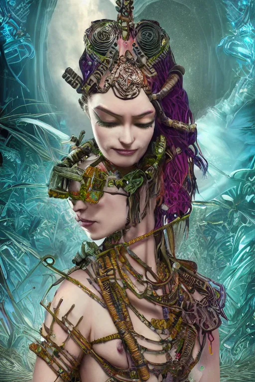 Image similar to cyberpunk aztec goddess in a zen rock garden, by Peter Kemp, by Artgerm, autumn, glamorous hairstyle, vermont fall colors, wearing translucent earthtone fashion, sad, Autumn, art nouveau by Brian Froud, frozen tear, berries, by Alphonse Mucha, highly detailed concept painting with cinematic lighting, trending on art station