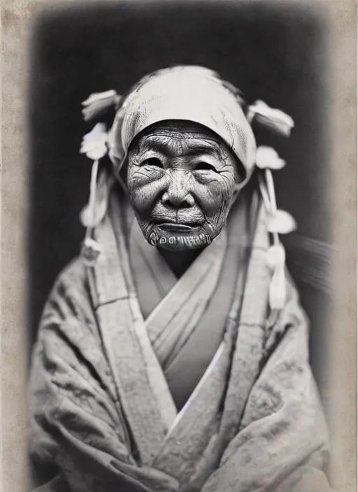 Image similar to a wet plate portrait of a old asiatic woman, geisha, traditional dress, flowers, photorealistic, cinematic light, highly detailed, smooth, sharp focus, illustration, shallow depth of field