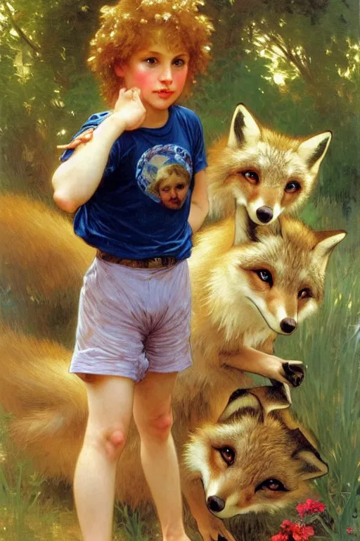 Image similar to a seven - year old with curly dirty blonde hair, blue eyes, tan skin a tee shirt and shorts, playing with foxes, painting by daniel gerhartz, alphonse mucha, bouguereau, detailed art, accurate facial details, no blush, artstation