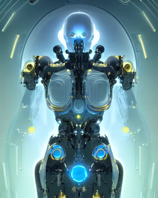 Image similar to benevolent cyborg necromancer, scifi, futuristic, helpful, kind, intelligent, alien room background, white, blue, gold, highly detailed, trending on artstation, soft light, holy machine, advanced technology, art by vitaly bulgarov and nivanh chanthara and lance wilkinson