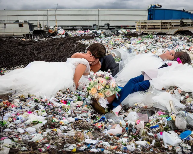 Image similar to a bride and groom lay in the trash at a landfill, wedding photography